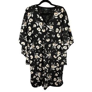 Ralph Lauren LRL Womens Size L Floral Crepe Shift Dress Black Peach Formal